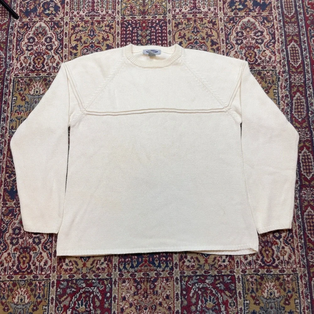 VTG 80s 90s Old Navy Clothing Co Mens Cream Striped Knit Sweater Crew Neck L